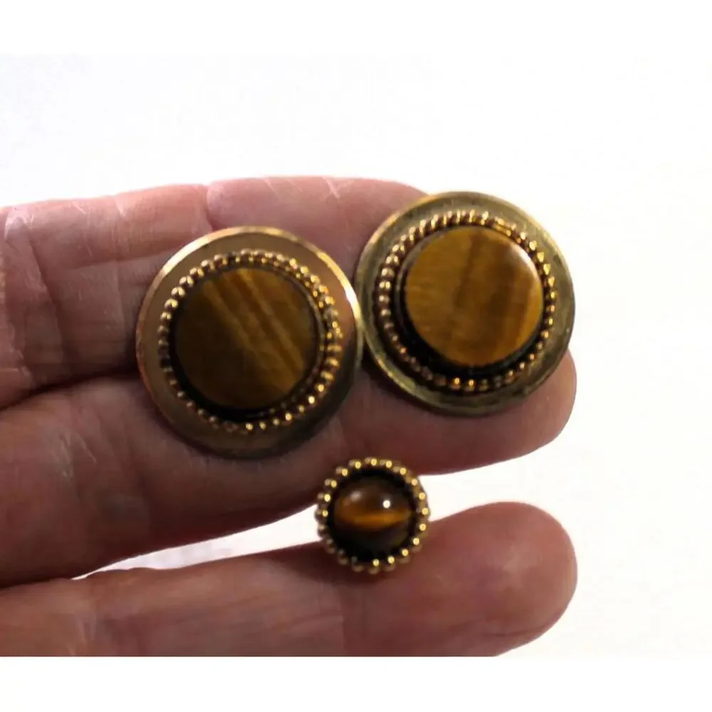 Vintage KREMENTZ Cuff Link and Tie Tac Set with Tiger Eye Stones